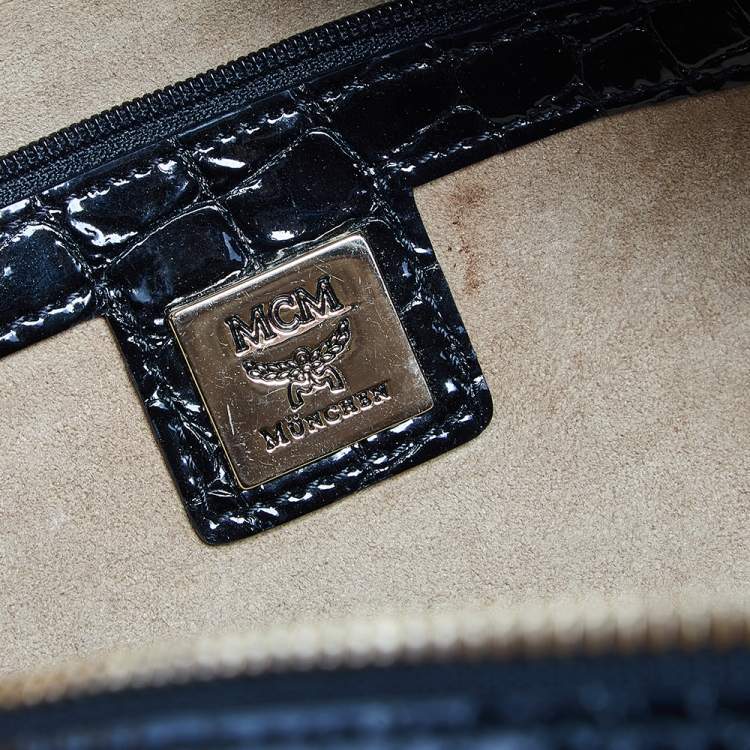 Pre Owned MCM Black & White Diamond Pattern Leather Enamel Satchel