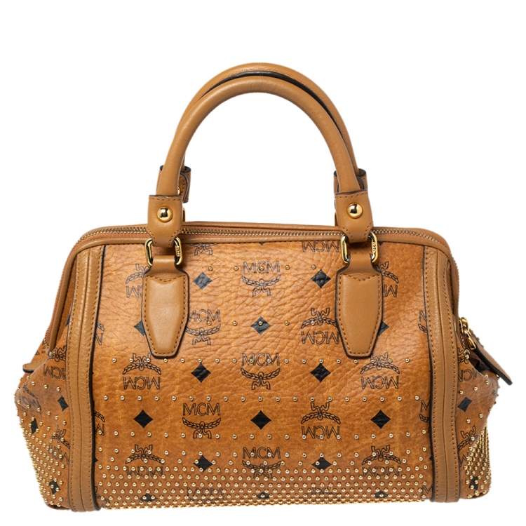 Pre Owned MCM Cognac Visetos Coated Canvas and Leather Studded Satchel