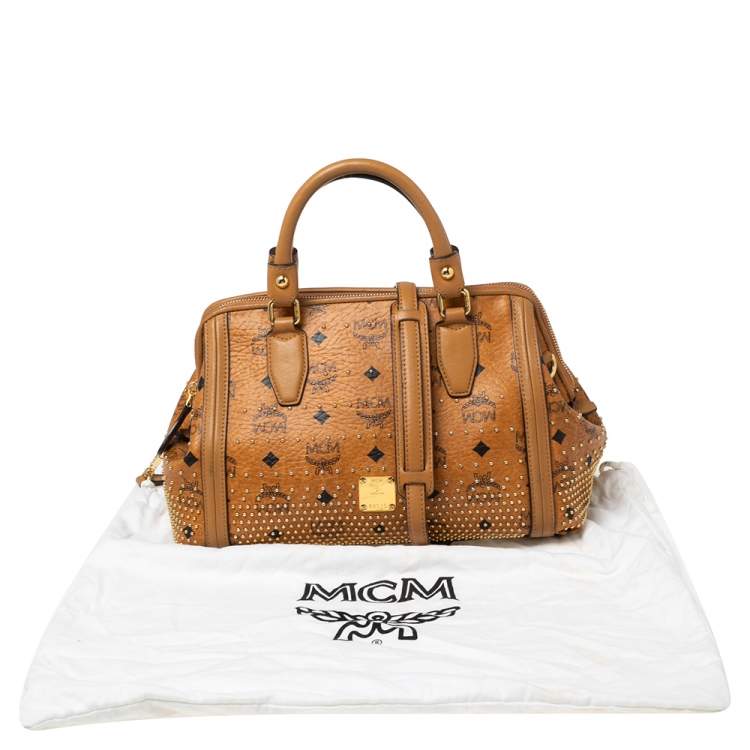 Pre Owned MCM Cognac Visetos Coated Canvas and Leather Studded Satchel