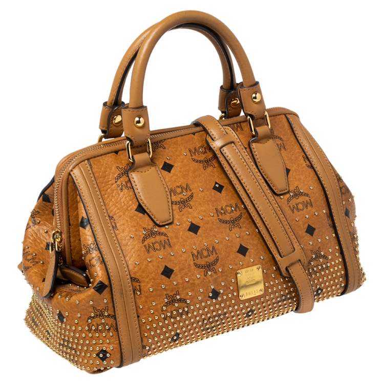 Pre Owned MCM Cognac Visetos Coated Canvas and Leather Studded Satchel