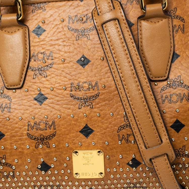 Pre Owned MCM Cognac Visetos Coated Canvas and Leather Studded Satchel