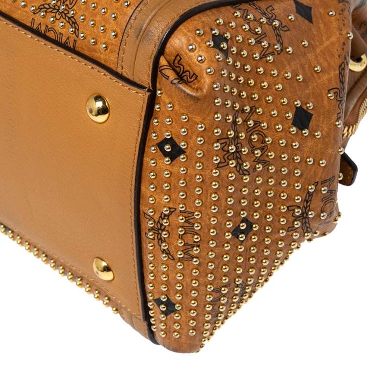 Pre Owned MCM Cognac Visetos Coated Canvas and Leather Studded Satchel