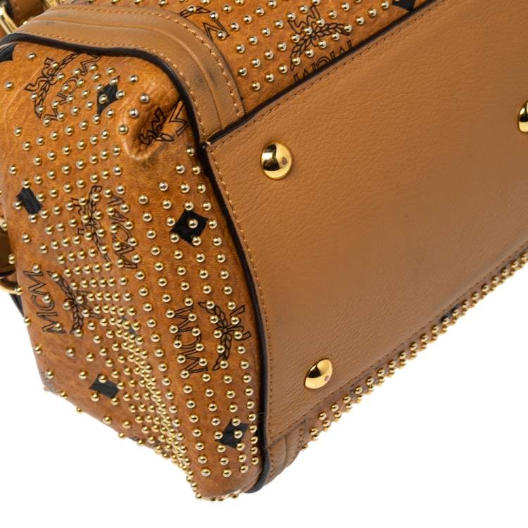 Pre Owned MCM Cognac Visetos Coated Canvas and Leather Studded Satchel
