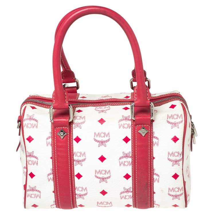 Pre Owned MCM White/Pink Visetos Leather Boston Bag