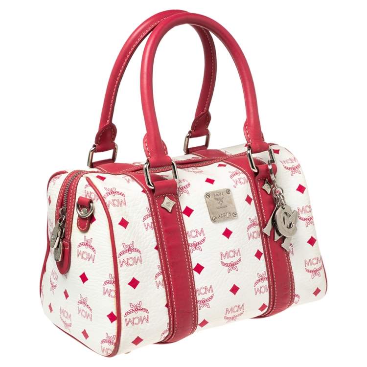 Pre Owned MCM White/Pink Visetos Leather Boston Bag