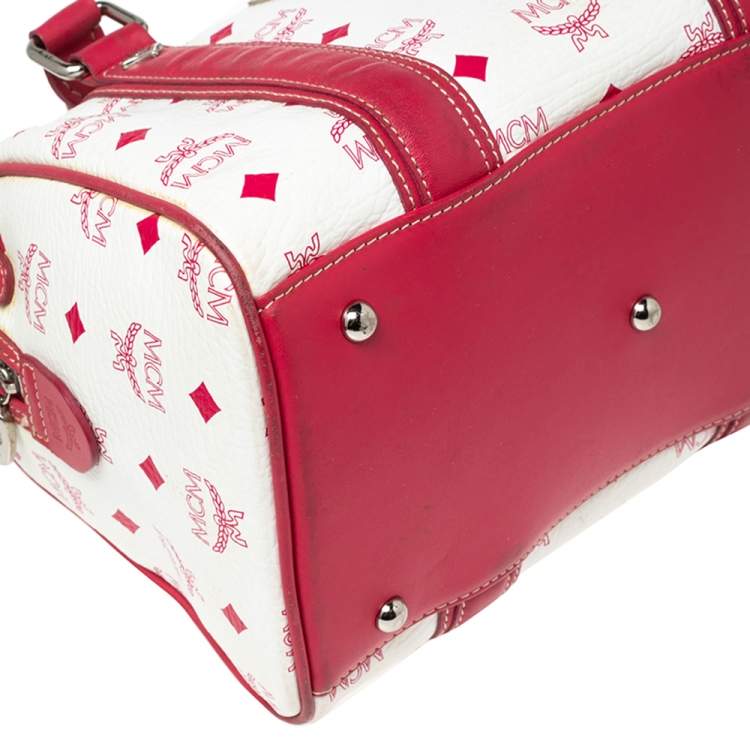Pre Owned MCM White/Pink Visetos Leather Boston Bag