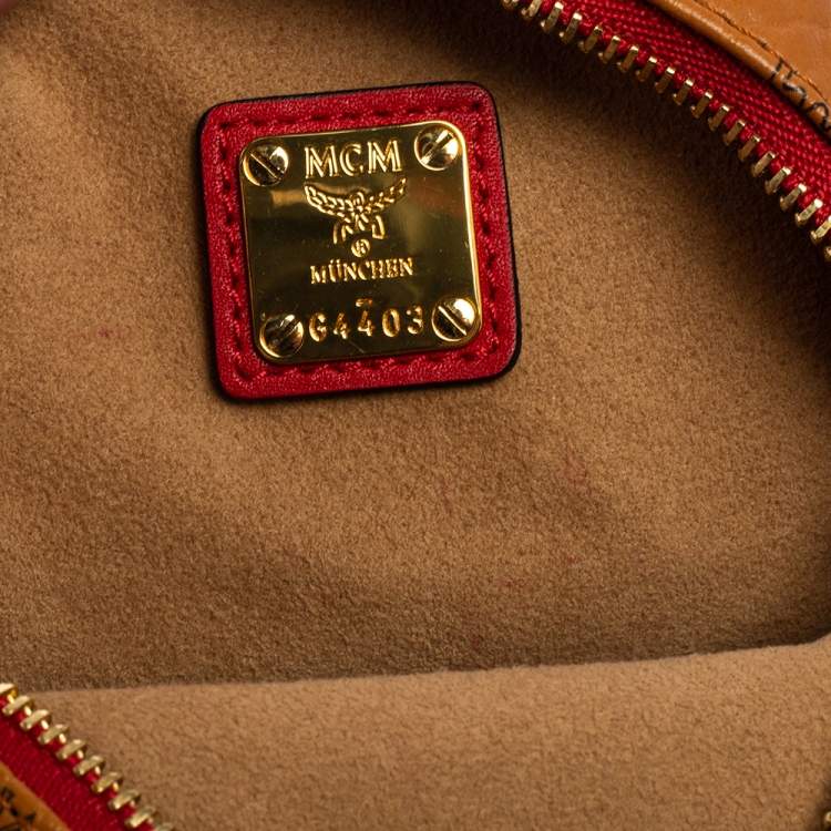 Pre Owned MCM Cognac Visetos Coated Canvas and Leather Backpack Wristlet Pouch 