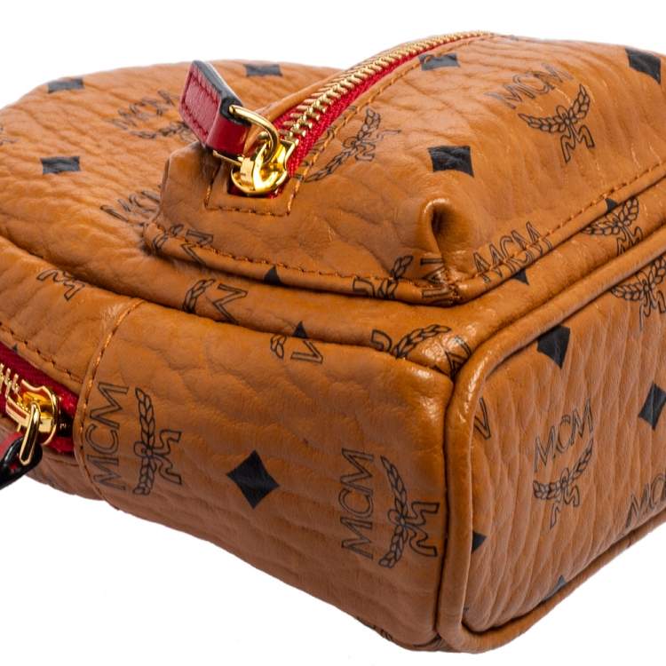 Pre Owned MCM Cognac Visetos Coated Canvas and Leather Backpack Wristlet Pouch 