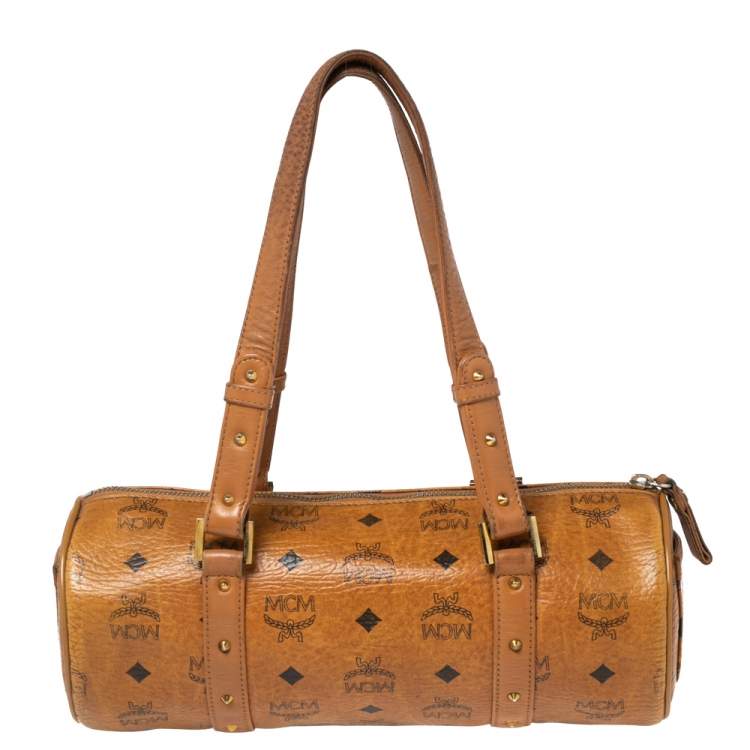 Pre Owned MCM Cognac Visetos Coated Canvas and Leather Essential Barrel Bag