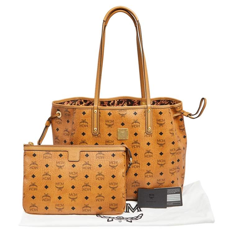 مملوكة مسبقًا MCM Cognac Visetos Coated Canvas Reversible Liz Shopper Tote