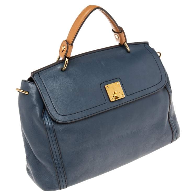 Pre Owned MCM Blue Leather Turn Lock Flap Top Handle Bag