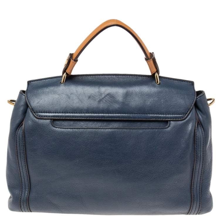 Pre Owned MCM Blue Leather Turn Lock Flap Top Handle Bag