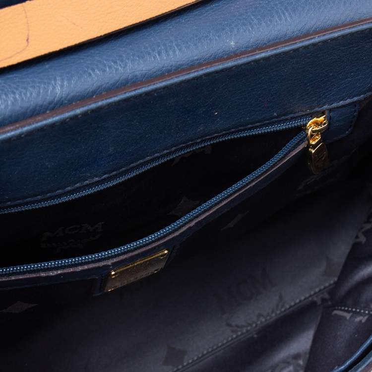 Pre Owned MCM Blue Leather Turn Lock Flap Top Handle Bag