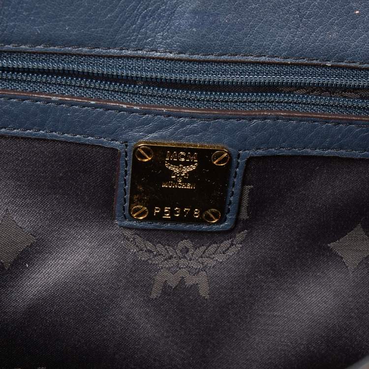 Pre Owned MCM Blue Leather Turn Lock Flap Top Handle Bag