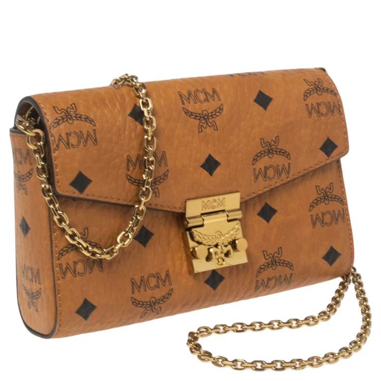 Pre Owned MCM Cognac Visetos Coated Canvas Patricia Wallet on Chain