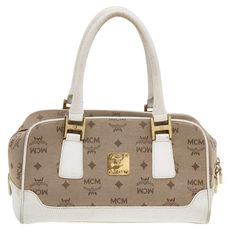Pre Owned MCM Beige/White Visetos Canvas and Leather Satchel