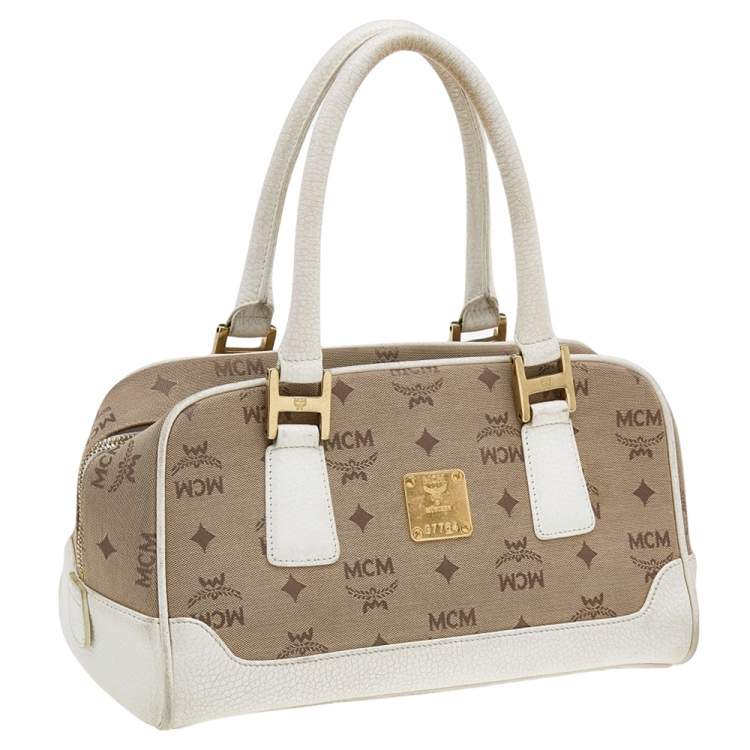 Pre Owned MCM Beige/White Visetos Canvas and Leather Satchel