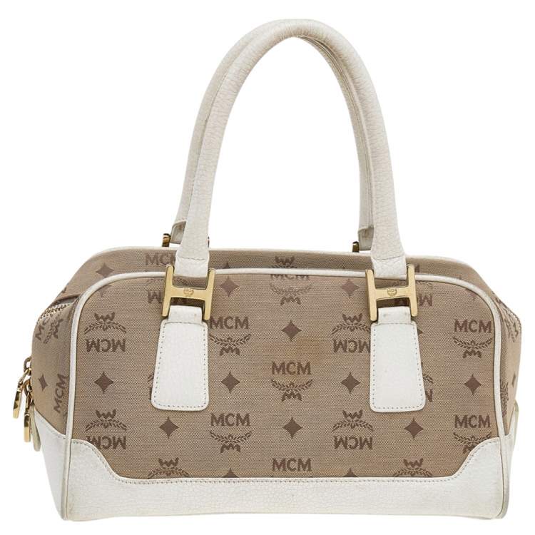 Pre Owned MCM Beige/White Visetos Canvas and Leather Satchel