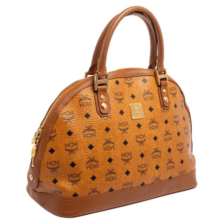 Pre Owned MCM Cognac Visetos Coated Canvas and Leather Dome Satchel