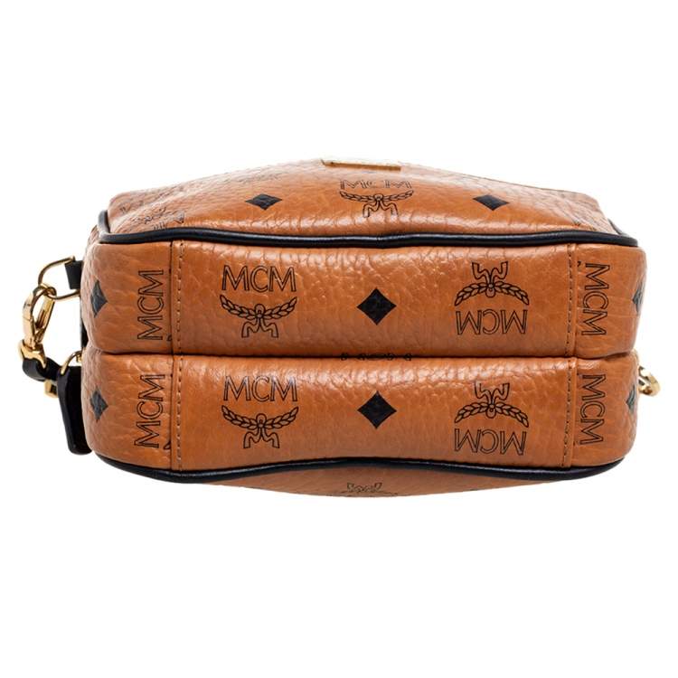 Pre Owned MCM Tan Visetos Coated Canvas And Leather Double Zip Camera Crossbody Bag