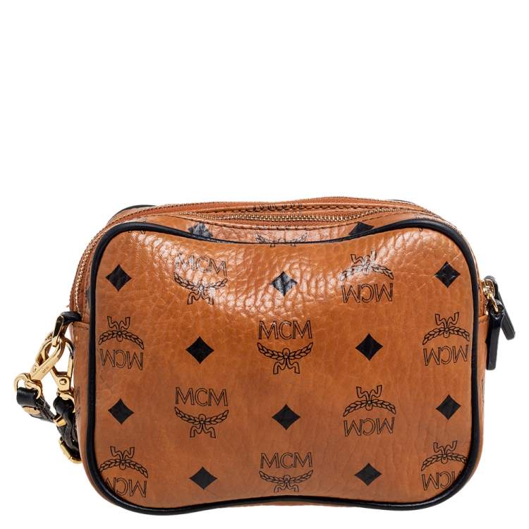 Pre Owned MCM Tan Visetos Coated Canvas And Leather Double Zip Camera Crossbody Bag