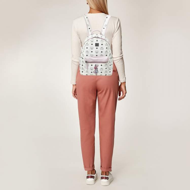 Pre Owned MCM White/Pink Visetos Rabbit Print Coated Canvas Small Stark Backpack