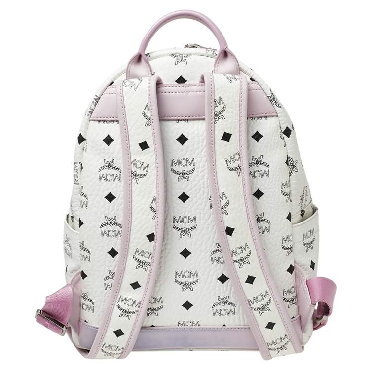 Pre Owned MCM White/Pink Visetos Rabbit Print Coated Canvas Small Stark Backpack