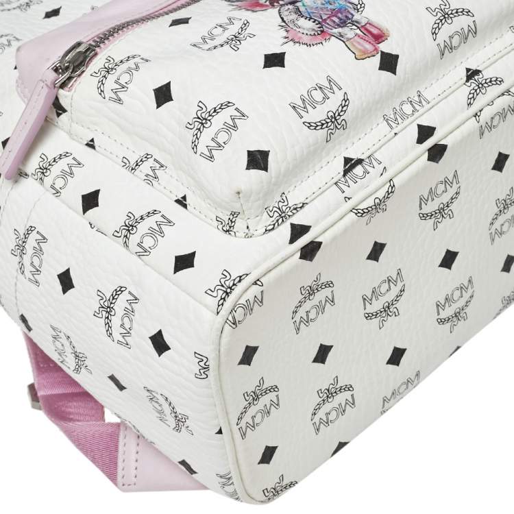 Pre Owned MCM White/Pink Visetos Rabbit Print Coated Canvas Small Stark Backpack