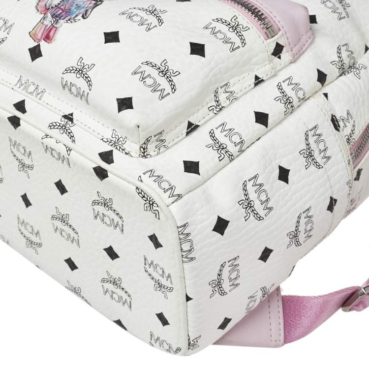 Pre Owned MCM White/Pink Visetos Rabbit Print Coated Canvas Small Stark Backpack