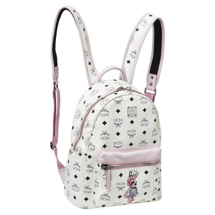 Pre Owned MCM White/Pink Visetos Rabbit Print Coated Canvas Small Stark Backpack