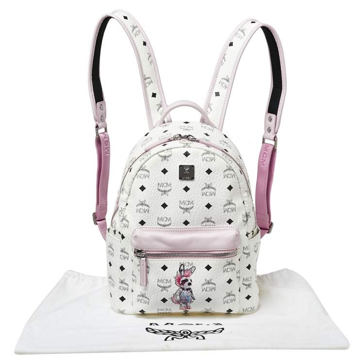 Pre Owned MCM White/Pink Visetos Rabbit Print Coated Canvas Small Stark Backpack
