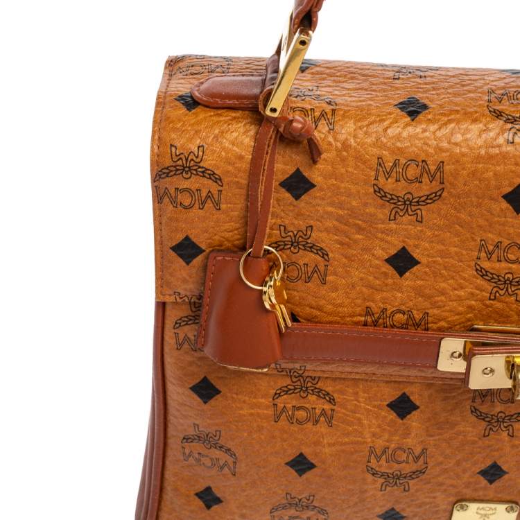 Pre Owned MCM Cognac Visetos Coated Canvas and Leather Heritage Top Handle Bag