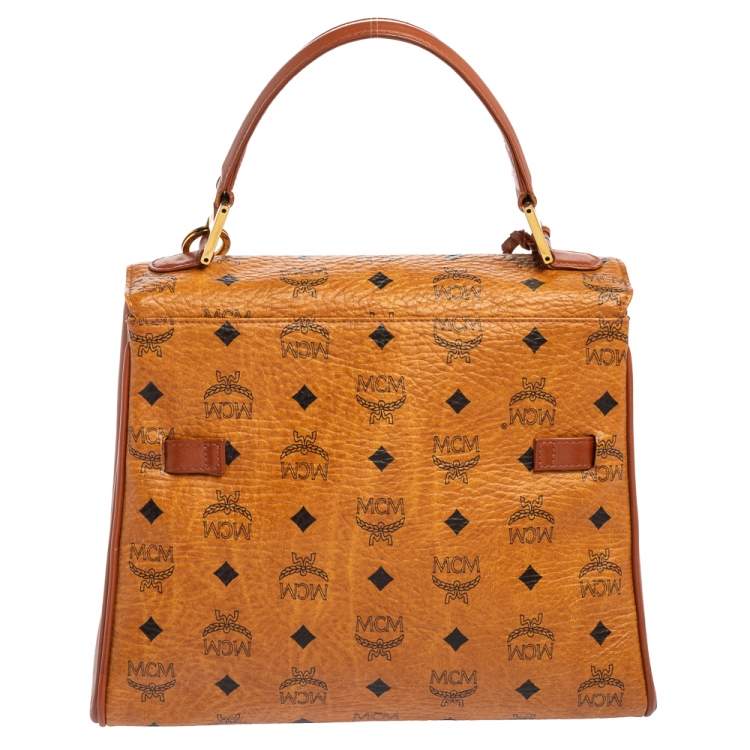 Pre Owned MCM Cognac Visetos Coated Canvas and Leather Heritage Top Handle Bag