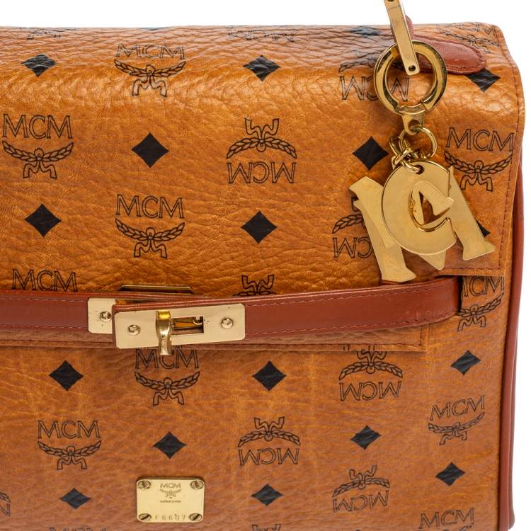 Pre Owned MCM Cognac Visetos Coated Canvas and Leather Heritage Top Handle Bag