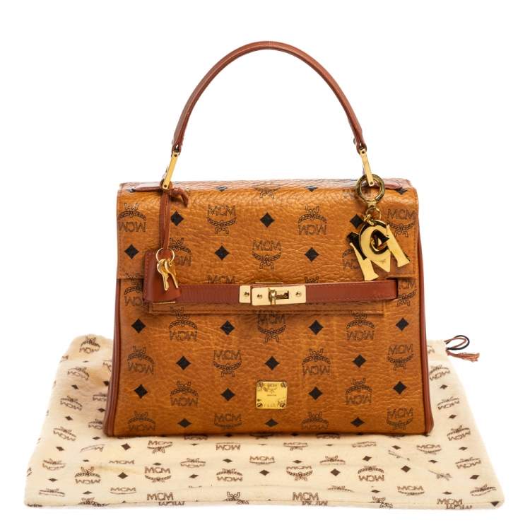 Pre Owned MCM Cognac Visetos Coated Canvas and Leather Heritage Top Handle Bag