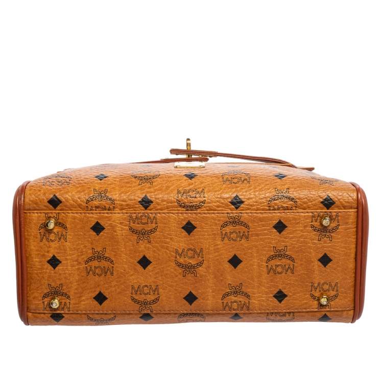 Pre Owned MCM Cognac Visetos Coated Canvas and Leather Heritage Top Handle Bag