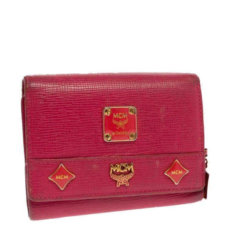 Pre Owned MCM Pink Leather Studded Charm Trifold Wallet