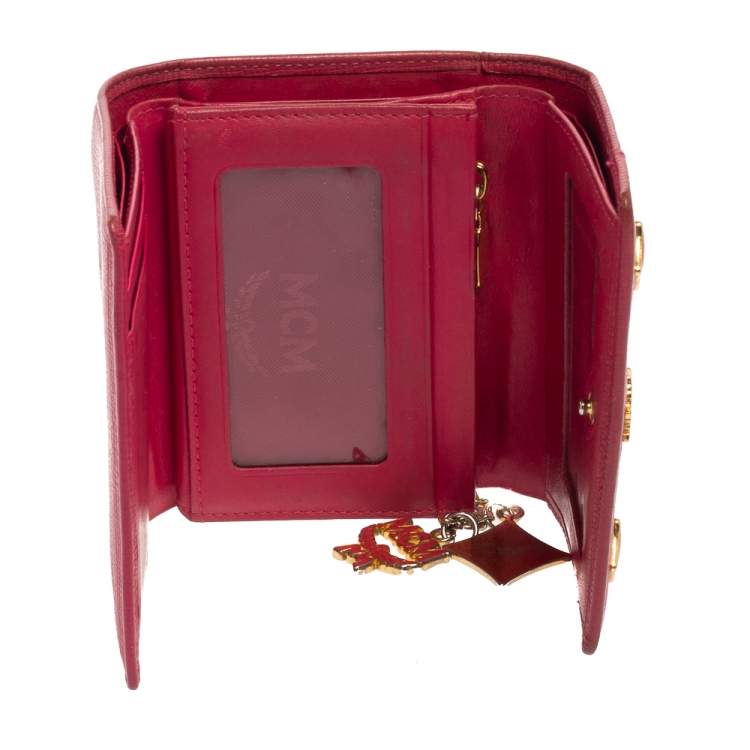 Pre Owned MCM Pink Leather Studded Charm Trifold Wallet