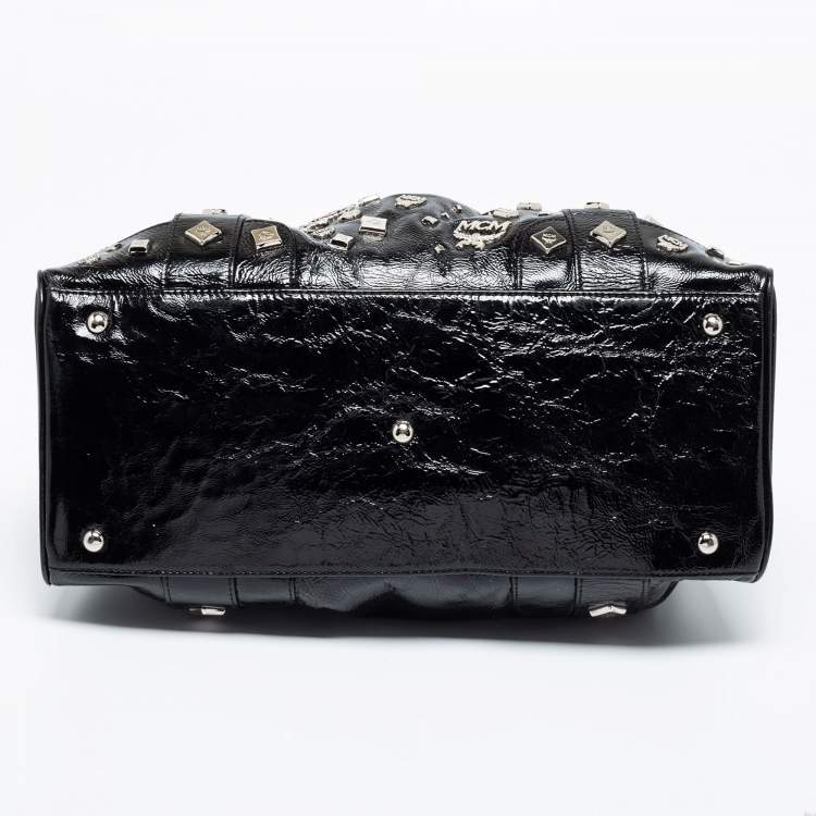 Pre Owned MCM Black Patent Leather Studded Fringe Satchel