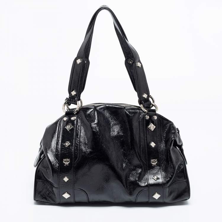 Pre Owned MCM Black Patent Leather Studded Fringe Satchel