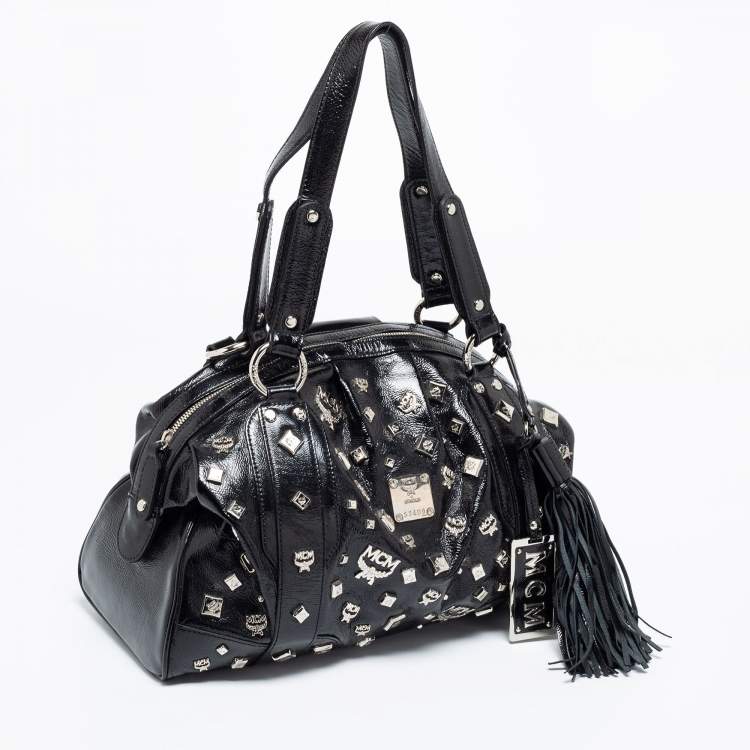 Pre Owned MCM Black Patent Leather Studded Fringe Satchel