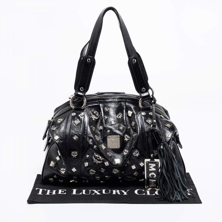 Pre Owned MCM Black Patent Leather Studded Fringe Satchel