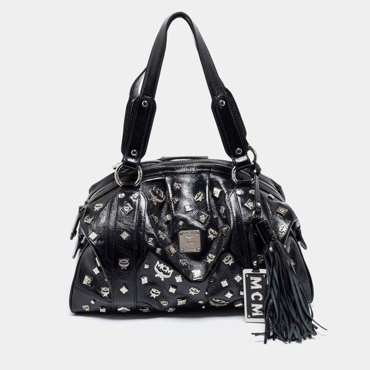 Pre Owned MCM Black Patent Leather Studded Fringe Satchel