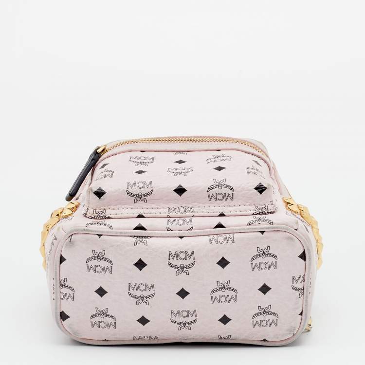 Pre Owned MCM Light Pink/Black Visetos Coated Canvas And Leather Mini Studded Stark-Bebe Boo Backpack