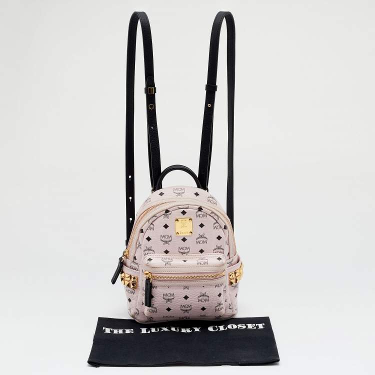 Pre Owned MCM Light Pink/Black Visetos Coated Canvas And Leather Mini Studded Stark-Bebe Boo Backpack