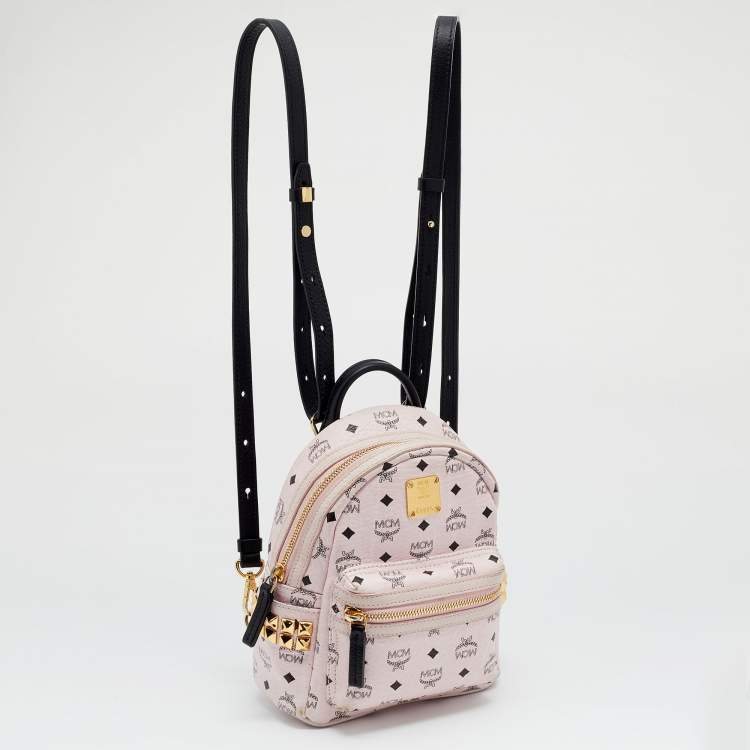 Pre Owned MCM Light Pink/Black Visetos Coated Canvas And Leather Mini Studded Stark-Bebe Boo Backpack