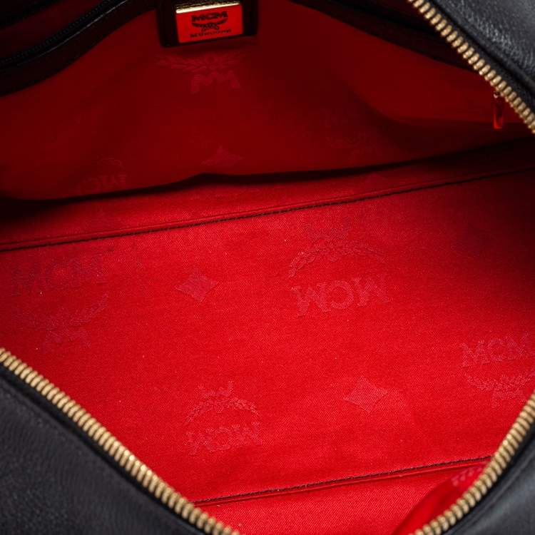 Pre Owned MCM Black Leather Vintage Studded Logo Motifs Boston Bag