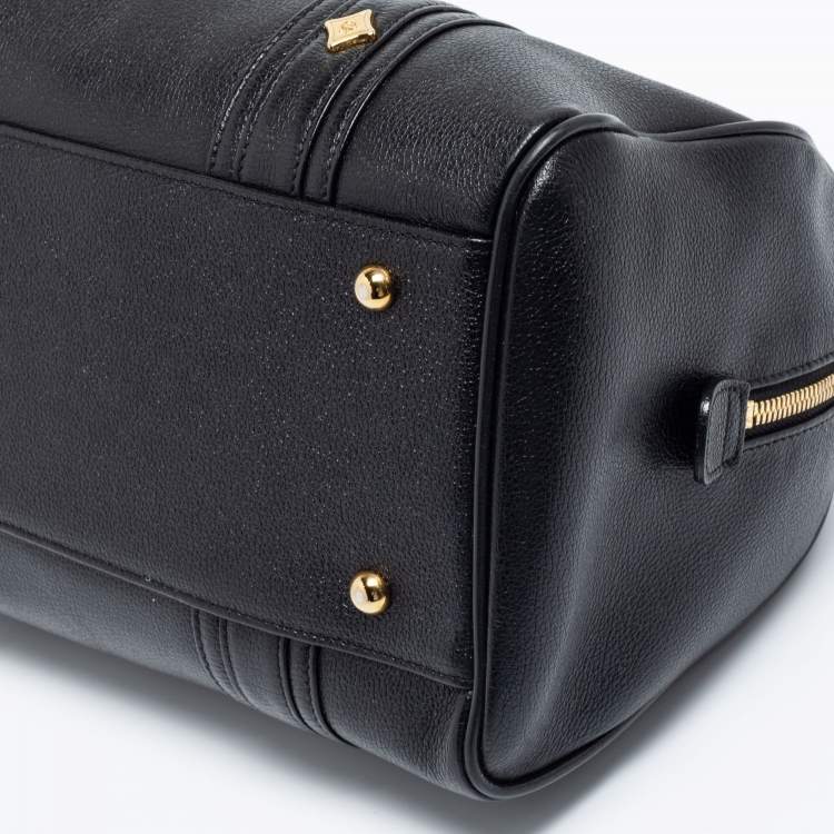 Pre Owned MCM Black Leather Vintage Studded Logo Motifs Boston Bag