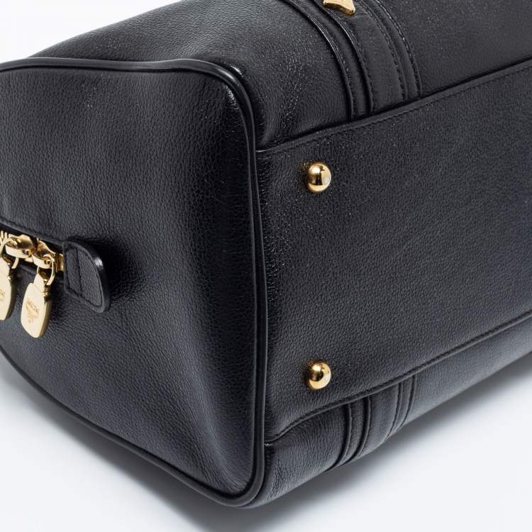 Pre Owned MCM Black Leather Vintage Studded Logo Motifs Boston Bag