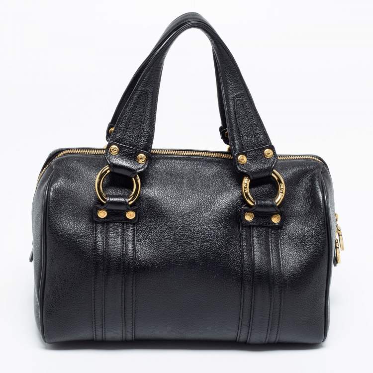 Pre Owned MCM Black Leather Vintage Studded Logo Motifs Boston Bag